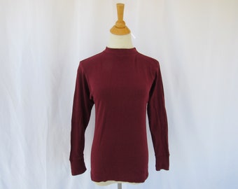 Vintage 60s Beatnik Fitted Pullover Top Burgundy Maroon Stretchy Rib-Knit Crew Off-Neck Long Sleeve Retro | read description | Glam Garb