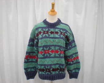 Vintage 80s South American Aztec Hand-Knitted 100% Wool Pullover Sweater M L Aqua Maroon Ethnic Retro Boho | read description | Glam Garb