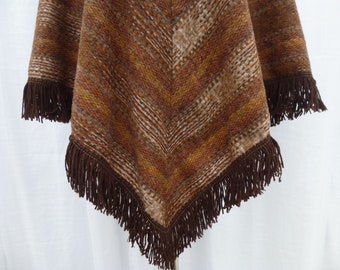 Vintage 70s Bleeker Street Striped Poncho Pull-Over Sweater S M Brown Orange Bronze Ethnic Knit Stripes Fringe V-Neck Pancho Boho Glam Garb