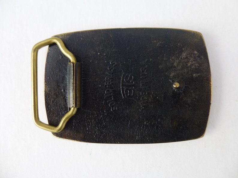 read description Glam Garb Vintage 70s Boeing 74767 BTS Brass Buckle Belt Square Heavy Sturdy Golden Metal Pilot Flying Airplanes Retro