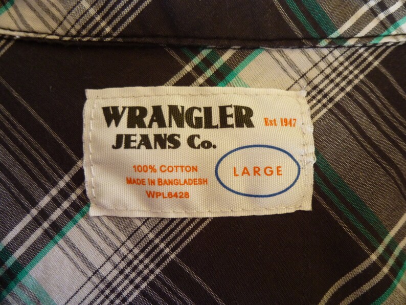 Vintage 80s 90s Wrangler 100/% Cotton Western Plaid Dress Shirt L Black Green Check Striped Long Sleeve Pockets Rodeo Riding Cowboy Glam Garb