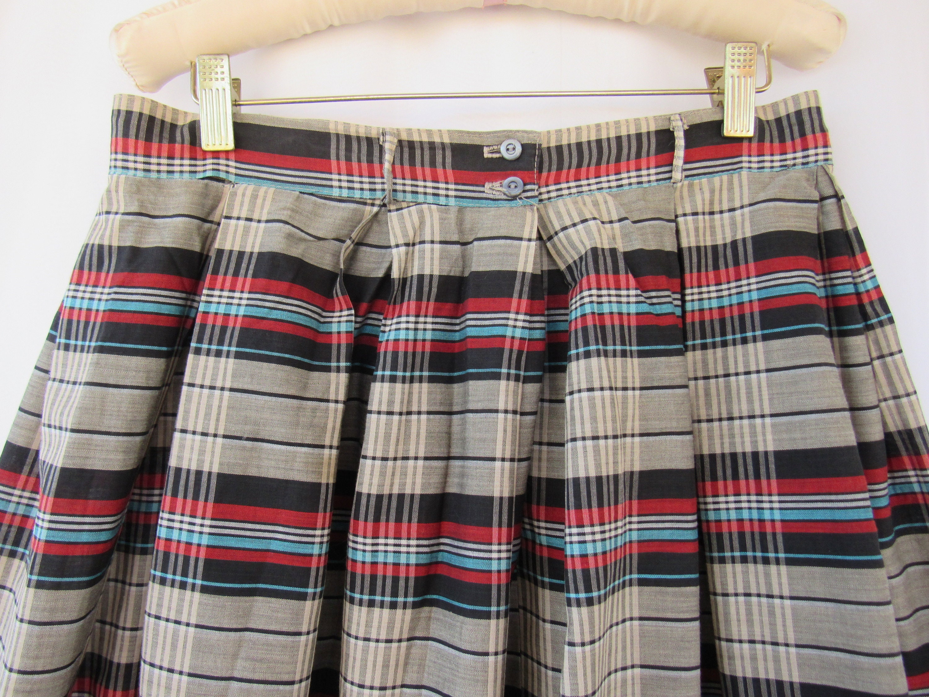 Vintage 40s 50s Plaid Woven Cotton Box Pleated Flared Midi