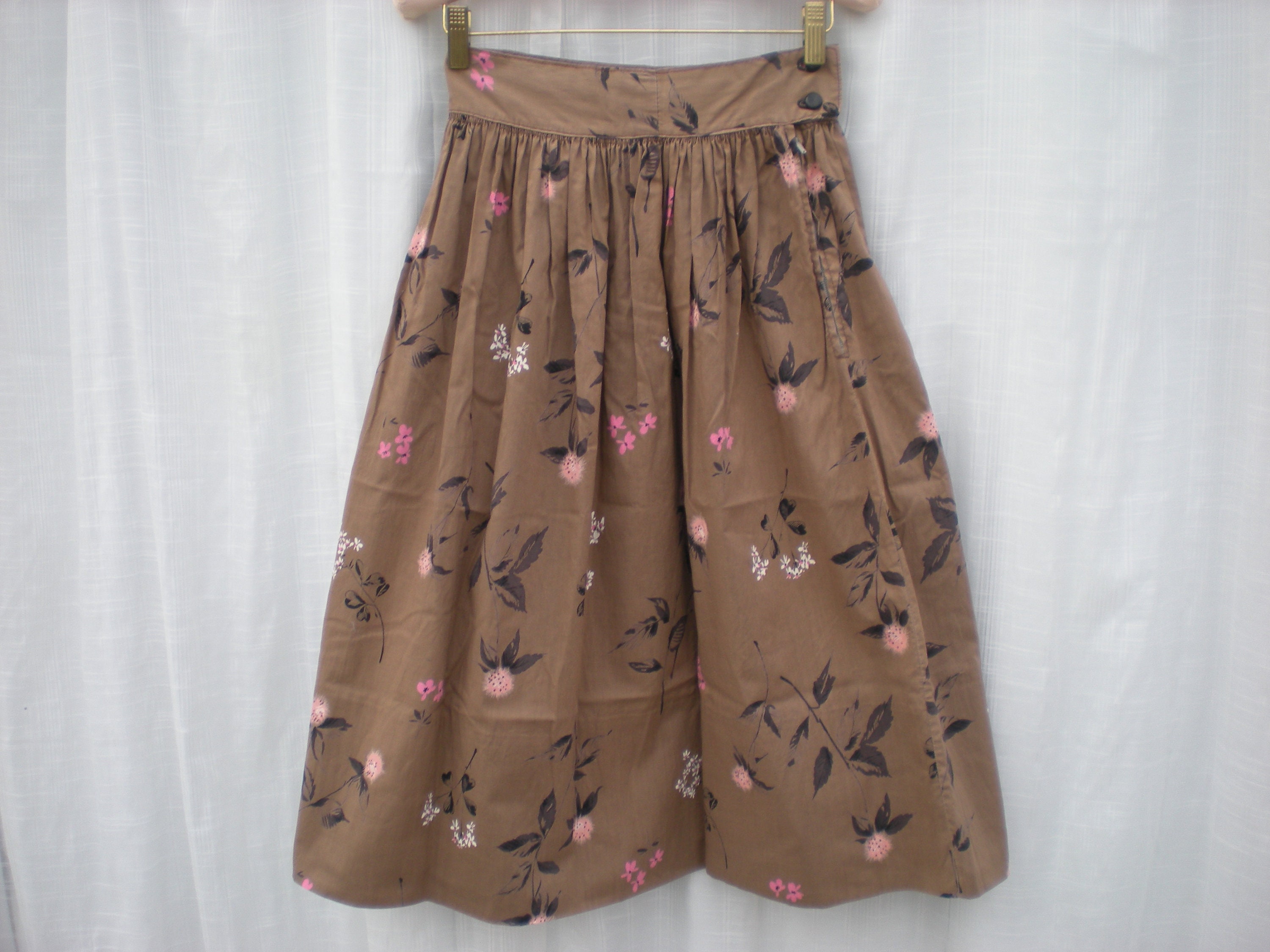 ヴィンテージ 50s 60s 花柄コットンミディスカート：ハンドメイド