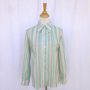 Vintage 70s Fire Island Striped Jersey Knit Blouse: Mod Pointed Collar Top | read description