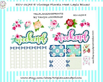 Vintage Florals Meet Lapis Blues! Planner Stickers - Cottagecore - Weekend (2)/Checklists/Clipboards/Deco/Floral/Vintage/Pink [ECV-0175-E]
