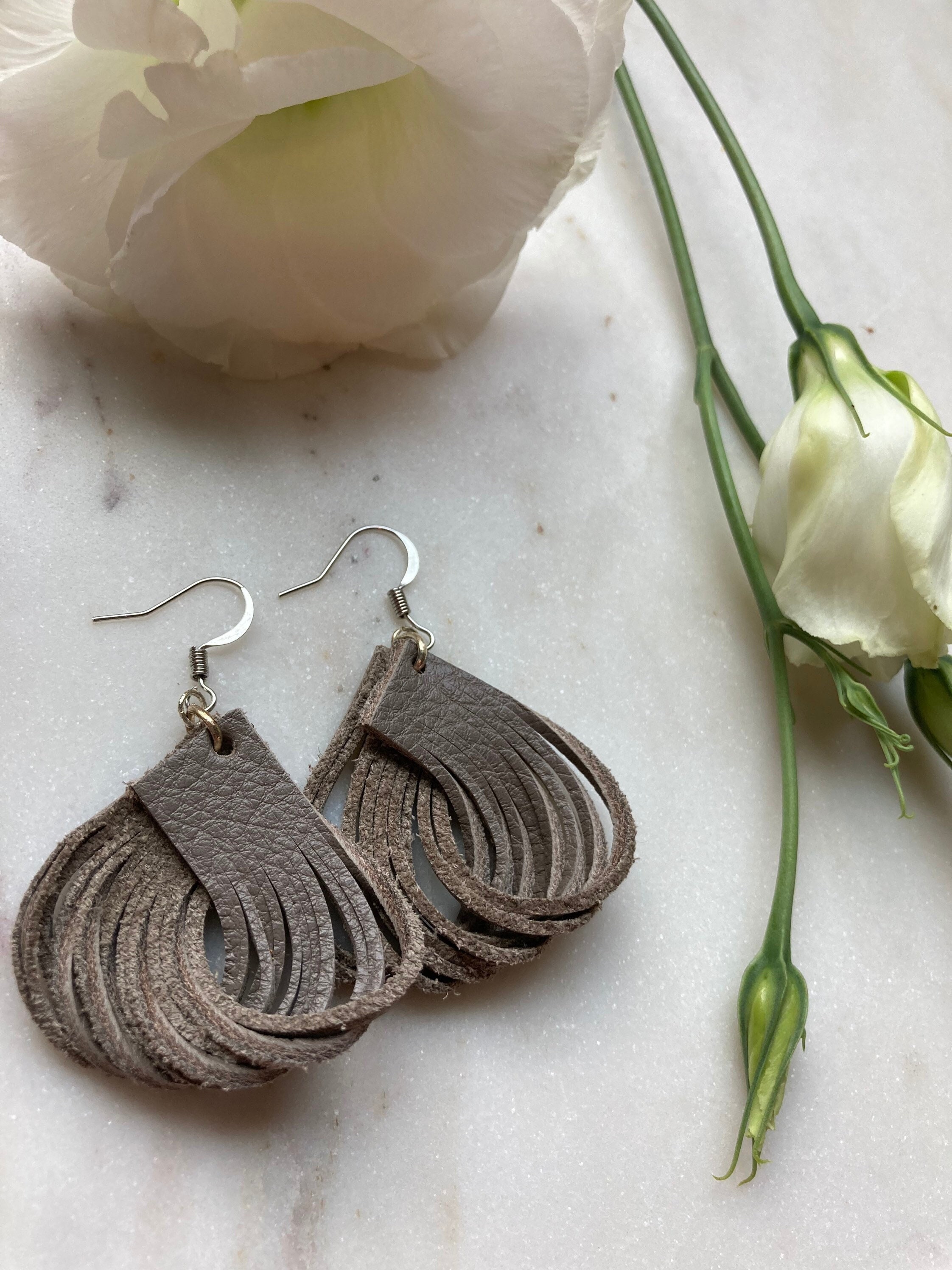 Leather Earrings Whimsical Gray Twist Earrings Leather Loop Etsy