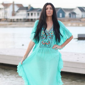 Fringe Dress, Teal Kaftan, Women Kaftan, Embroidered Dress, Boho Clothing, Loungewear, Loose Kaftan, Maxi Kaftan Dress, Teal Lounge Dress