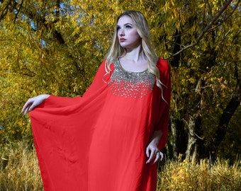 Red Maxi Kaftan Dress, Embroidered Dubai Caftan, Plus Size Clothing