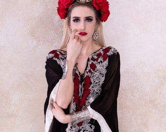 Embroidered Black Kaftan Dress, Plus Size Viscose Georgette Maxi