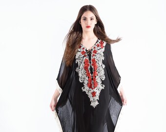 Embroidered Black Viscose Kaftan Dress, Plus Size Maxi