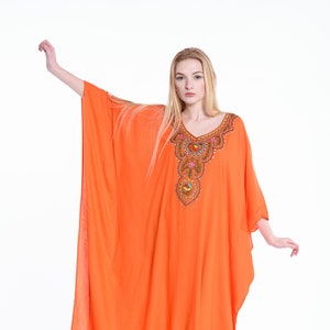 Orange Loungewear Kaftan, Mutterschaft Kaftan, Strand Kaftan, Langarm Kaftan, Plus Größe Kleidung, bestickt Kaftan, Maxi Kaftan, Boho