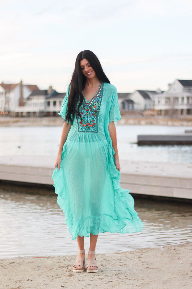 Fringe Dress Teal Kaftan Women Kaftan Embroidered Dress - Etsy