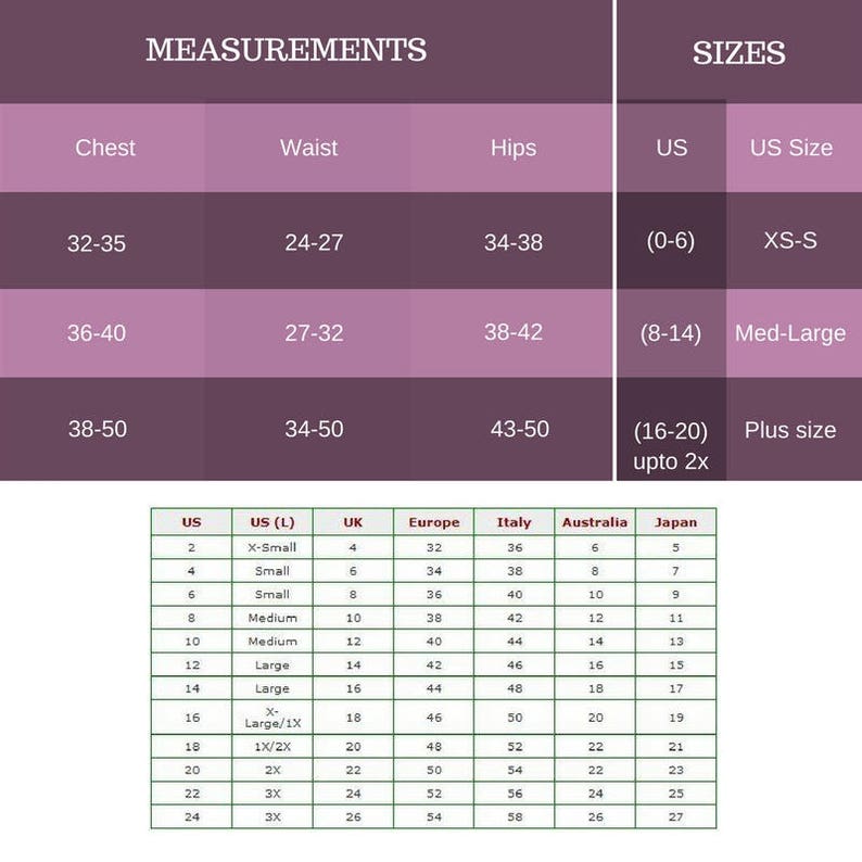May include: A chart showing clothing size conversions for women's clothing. The chart includes US sizes, US sizes in inches, UK sizes, European sizes, Italian sizes, Australian sizes, and Japanese sizes. The chart also includes a section for measurements in inches for chest, waist, and hips.