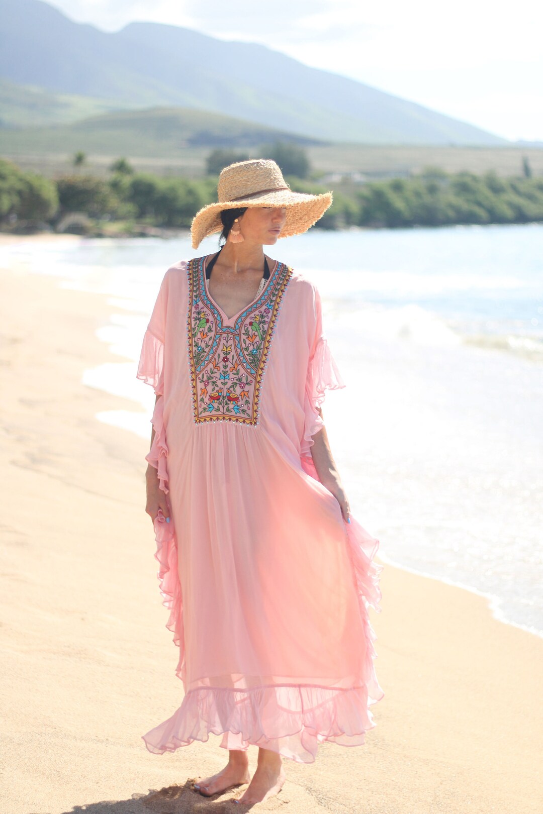 pink kaftan beach dress Fringe Dress, Embroidered Bohemian Viscose Georgette trendy modern kaftan dress