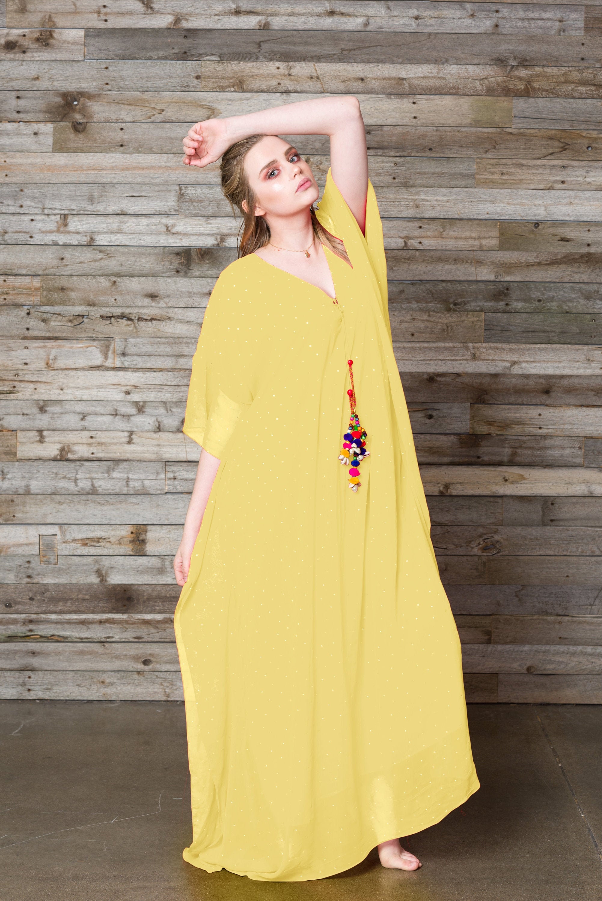 Yellow Viscose Georgette Kaftan, Rhinestone Maxi Dress, Plus Size Yellow Viscose Georgette Kaftan, Rhinestone Maxi Dress, Plus Size