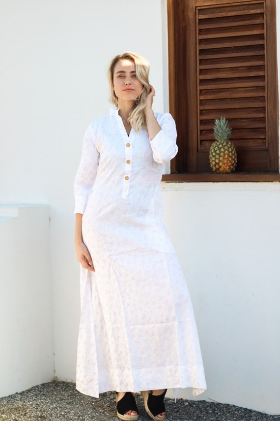 white linen kaftan dress