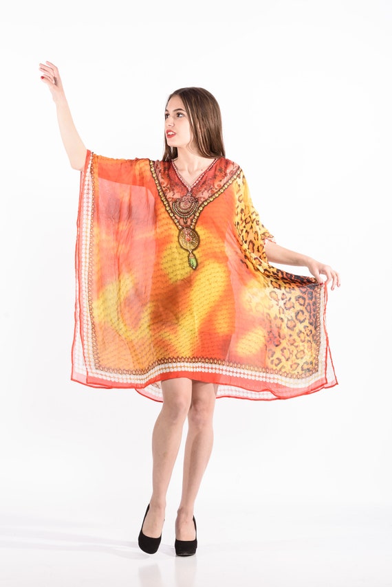 Knee Length Kaftan Dress Silk Coverup Tunic Caftan Plus Size Clothing Beach Tunic Poncho Blouse Loungewear Short Dress Bohemian