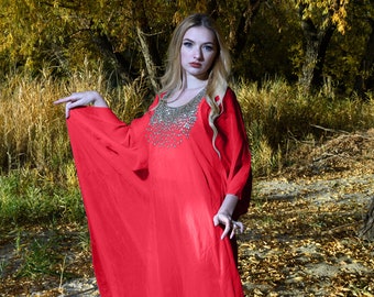 Red Embroidered Maxi Kaftan Dress, Viscose Georgette Abaya