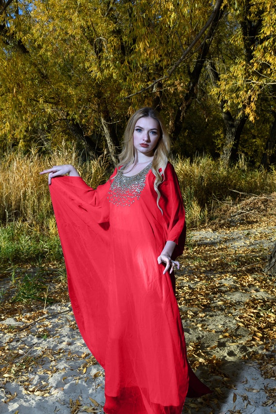 Red Embroidered Maxi Kaftan Dress, Viscose Georgette Abaya