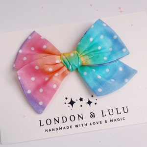 Pastel rainbow polka dots bow hair clip baby nylon headband girls kids pigtails ombré pink purple yellow blue kawaii rainbow party