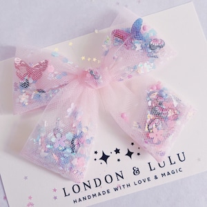Butterfly Tulle shaker glitter hair bow pink blue fairy sprinkles hair clip for kids girls kawaii butterflies garden party cottage core
