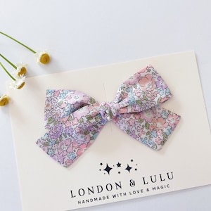Liberty of London Michelle E hair bow clip or baby nylon headband girls toddlers kids pigtails fabric light blue pink lavender
