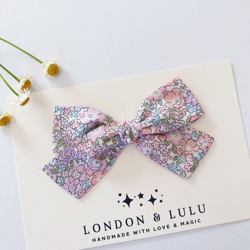 Liberty of London Michelle E hair bow clip or baby nylon headband girls toddlers kids pigtails fabric light blue pink lavender