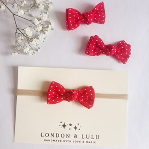 Red dots petal knot baby headband bow clip or pigtails set girls toddlers kids hair newborn white