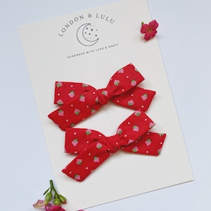 Strawberry vintage girls pigtails bow set toddler shortcake antique red pink hair bow clips piggies piggy set