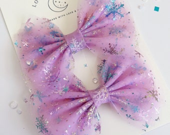 Lavender Anna frozen snowflakes Tulle pigtail bows set magic park hair bow for kids toddlers girls kawaii snow pastel rainbow metallic elsa