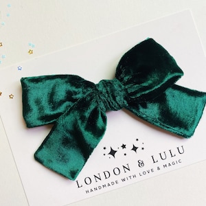 Hunter Green silk velvet kids hair bow clip baby nylon headband girls pigtails evergreen forest pine fall winter holiday Christmas