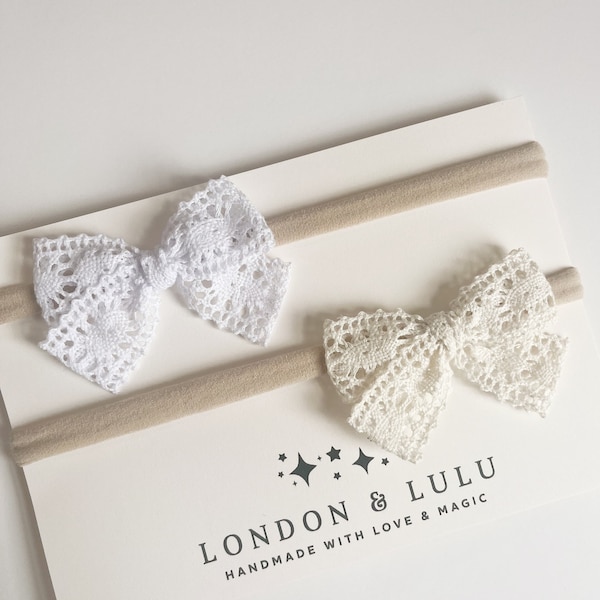 White or Cream little lace baby bow on soft nylon headband or clip newborn baby toddler kids girls ivory boho crochet wedding ceremony