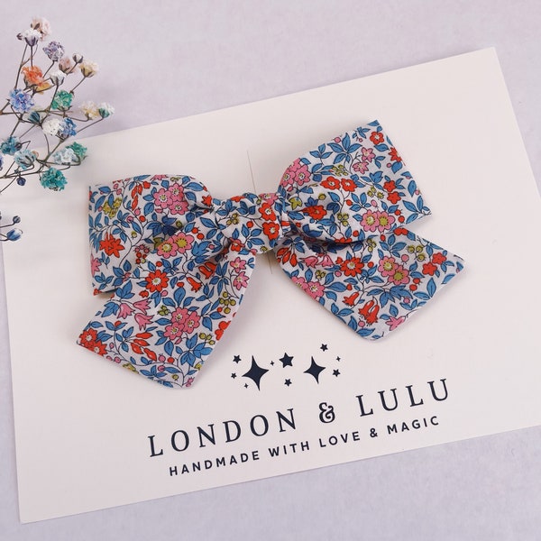 Liberty of London blue floral bow girls hair clip baby nylon headband toddler pigtails pink red white dainty micro floral flowers