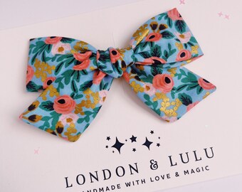 Chambray metallic Rosa floral hair bows by Rifle Paper Co cotton fabric baby toddler girls women’s clip pigtails headband blue gold