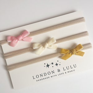 You pick 3 - baby mini velvet baby bows on nylon headbands or mini clips velour Swiss velvet infant newborn preemie tiny colors NEW COLORS!