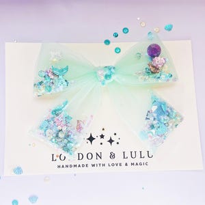 Mermaid Tulle mint shaker mouse magic bow sprinkles park hair bow for kids kawaii green blue aqua teal purple Ariel under sea pastel