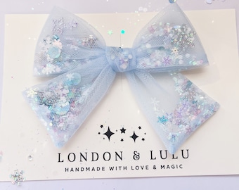 Blue frozen Tulle shaker mouse magic bow sprinkles park hair bow for kids kawaii Elsa Anna snowflakes snow pastel