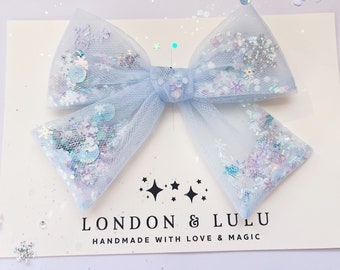 Blue frozen Tulle shaker mouse magic bow sprinkles park hair bow for kids kawaii Elsa Anna snowflakes snow pastel