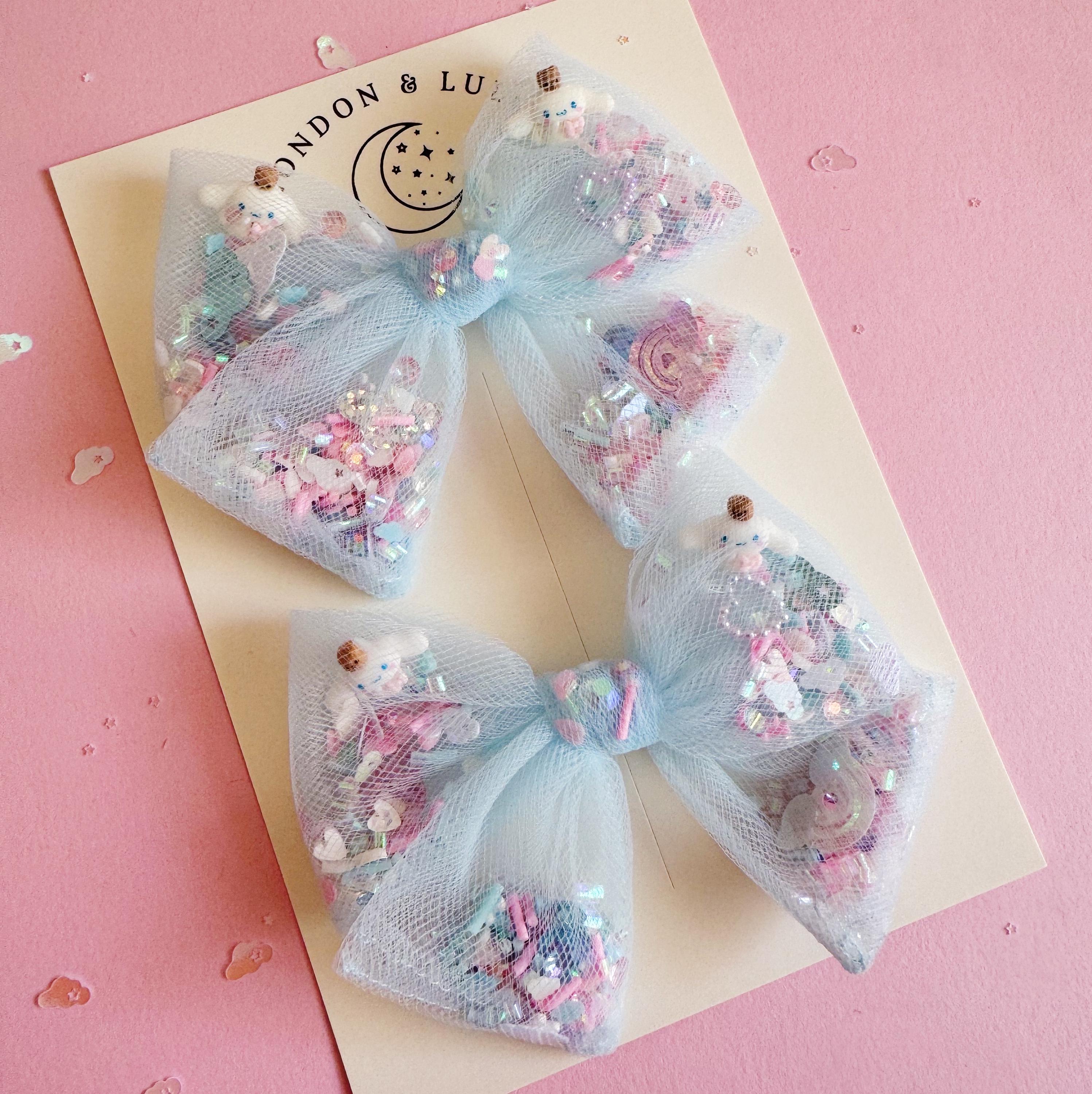 Cinnamaroll niebieski tiul warkoczyki zestaw shaker kokardy błyszczące dziewczyny spinki do włosów akcesoria opaski maluch kawaii impreza kotek szczeniak Japonia różowy
