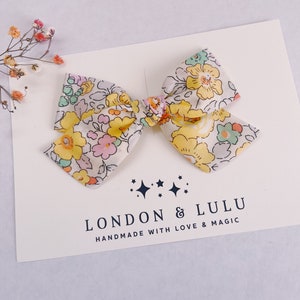 Liberty of London Betsy yellow W bow girls hair clip baby nylon headband toddler pigtails accessories pink white orange floral flowers