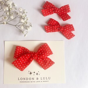 Red polka dots hair bow clip or pigtails set girls toddlers kids women’s vintage style white rockabilly