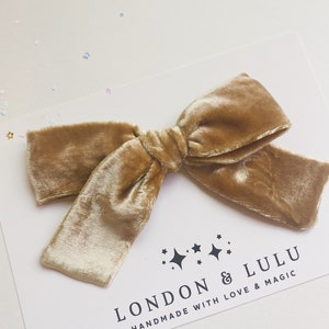 Goldie silk velvet hand dyed hair bow nylon headband or clip baby kids pigtails small medium large gold bronze golden yellow winter holiday