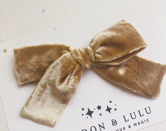 Goldie silk velvet hand dyed hair bow nylon headband or clip baby kids pigtails small medium large gold bronze golden yellow winter holiday