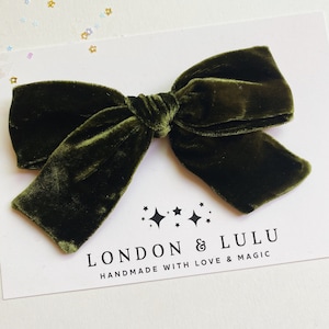 Olive green silk velvet kids hair bow baby nylon headband girls pigtails evergreen emerald sage spruce rainforest Holiday Hunter Christmas