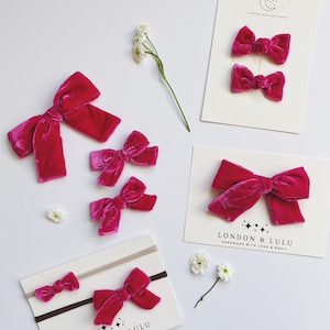 Hot Pink silk velvet kids hair bow clip baby nylon headband girls pigtails magenta fuchsia bubblegum Valentines holiday
