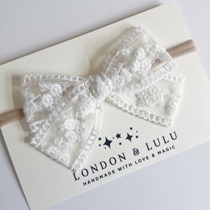 White lace embroidered hair bow girls clip or baby nylon headband delicate kids women’s baptism wedding flower girl communion blessing