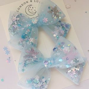 Blue Frozen Tulle shaker pigtail bows set  mouse magic parks bow sprinkles hair bow for toddlers girls kids Elsa Anna olaf aqua snowflakes