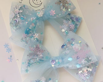 Blue Frozen Tulle shaker pigtail bows set  mouse magic parks bow sprinkles hair bow for toddlers girls kids Elsa Anna olaf aqua snowflakes