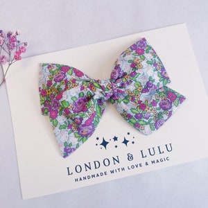 Liberty of London x kitty floral twirl bow girls hair clip toddler pigtails baby nylon headband purple green pink kawaii roses flowers