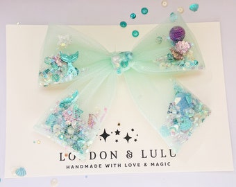 Mint Mermaid Tulle shaker mouse magic bow sprinkles park hair bow for kids kawaii aqua blue teal purple Ariel under sea pastel